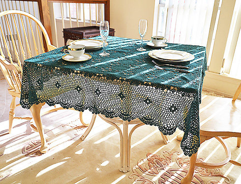 Festive Crochet Square Tablecloth. EveryGreen color. 45"SQ.